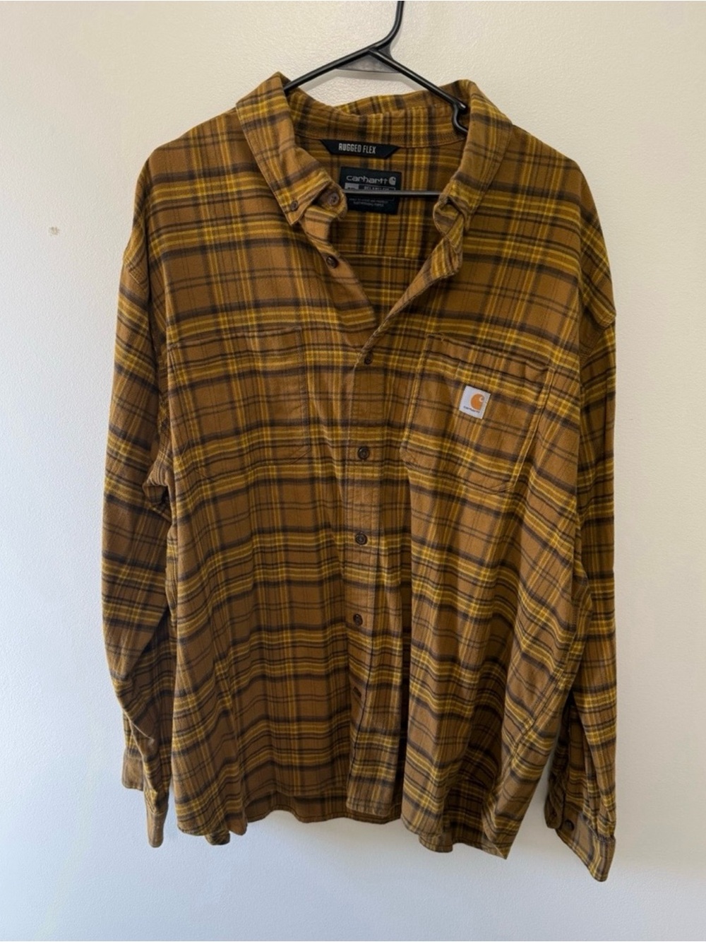 Carhartt Men's Mustard Brown Plaid Rugged Flex Button-Down Shirt